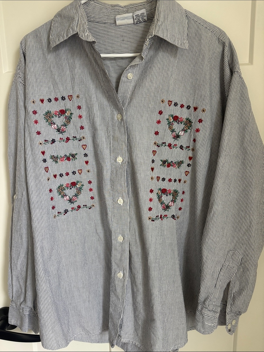 100% cotton  Navy and White Striped Cotton Shirt with floral embroidery
